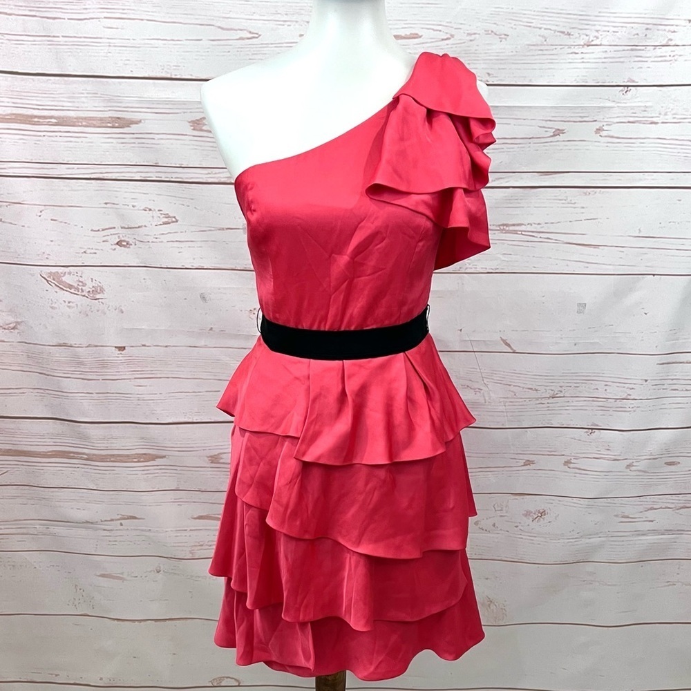 BCBG Maxazria Coral Passion Tiered Ruffle One Shoulder Cocktail Dress